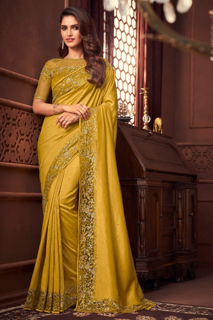 Art Silk Fabric Reception Wear Yellow Color Embroidered Saree