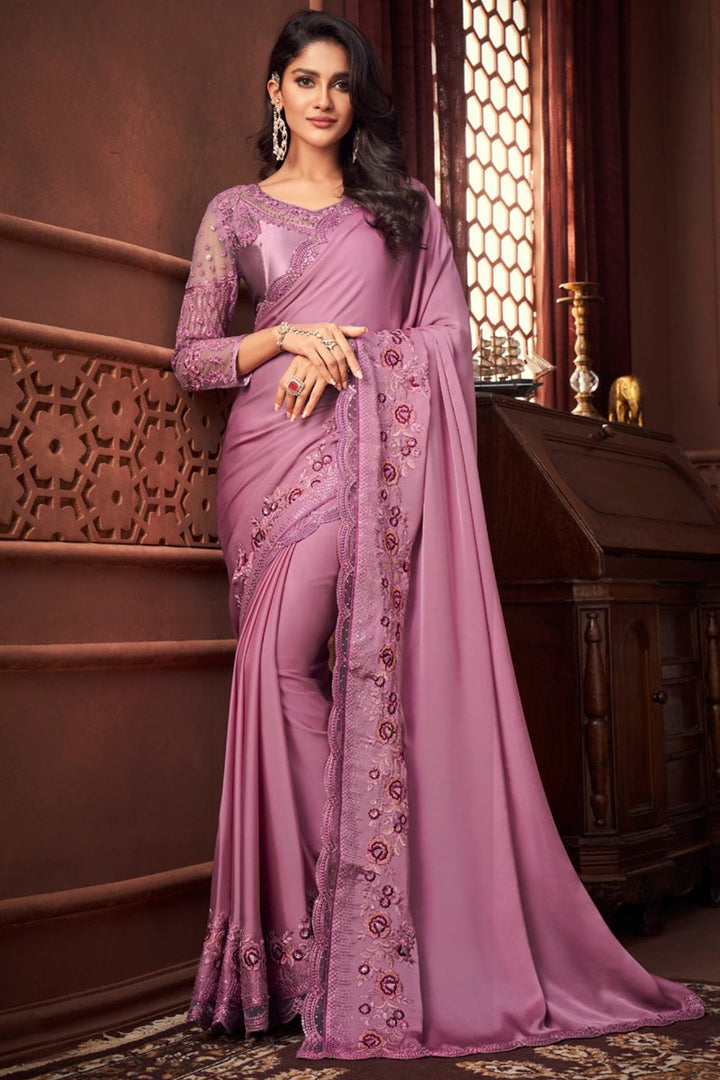 Satin Silk Fabric Function Wear Pink Color Embroidered Saree