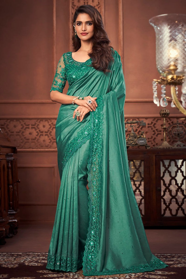 Art Silk Fabric Embroidered Reception Wear Trendy Saree In Cyan Color