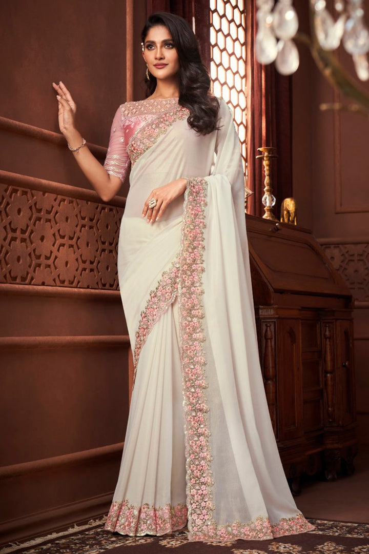 Off White Color Georgette Fabric Designer Embroidered Function Wear Saree