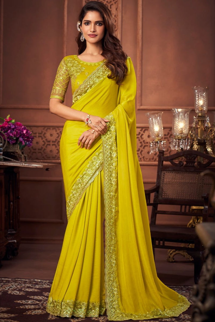 Yellow Color Art Silk Fabric Embroidered Function Wear Saree