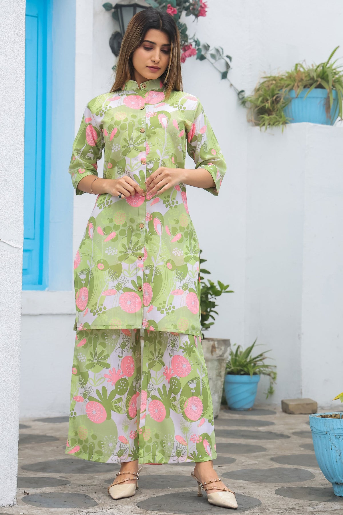 Casual Style Cotton Fabric Green Color Supreme Co-Ord Set