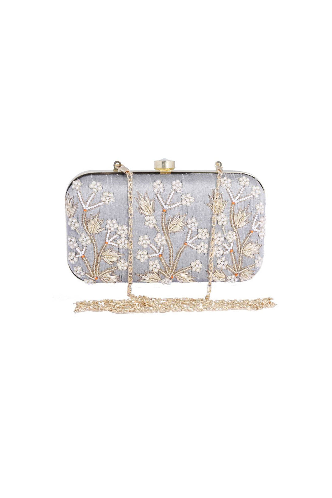Glamorous Embroidered Fancy Fabric Grey Color Clutch | Buy Online India