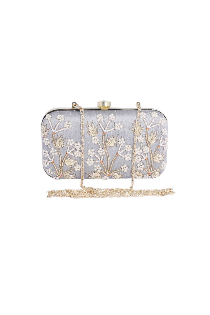 Glamorous Embroidered Fancy Fabric Grey Color Clutch | Buy Online India