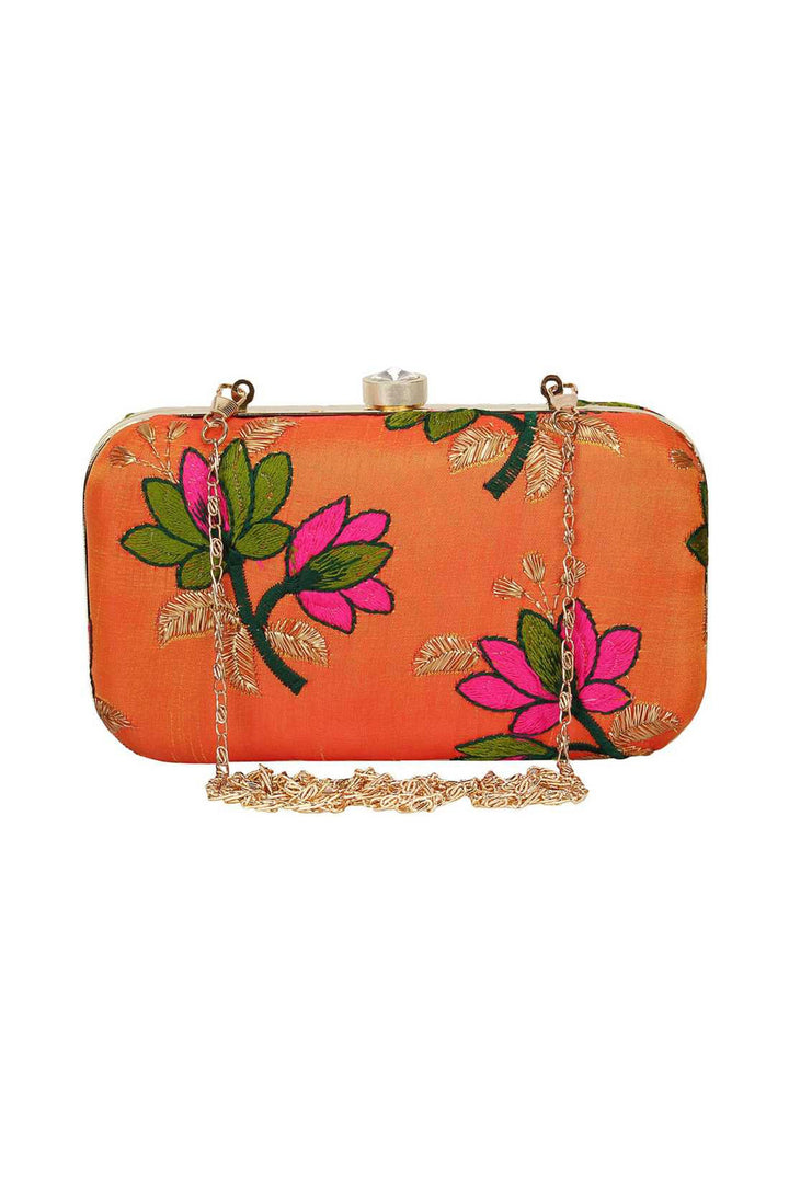 Fancy Fabric Orange Color Party Style Delicate Clutch | Buy Online India