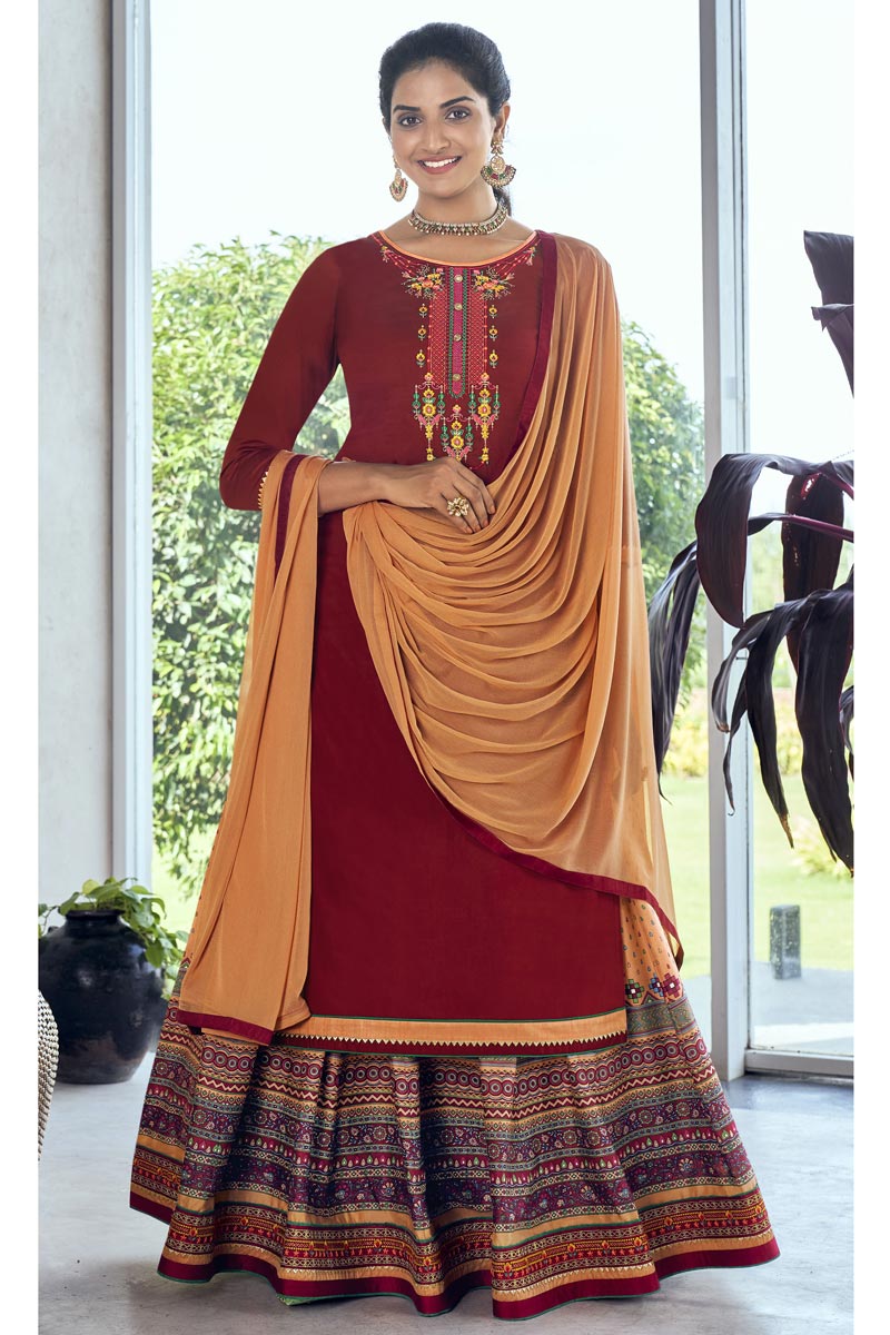 Red Color Embroidered Sangeet Wear Sharara Top Lehenga In Cotton Silk Fabric
