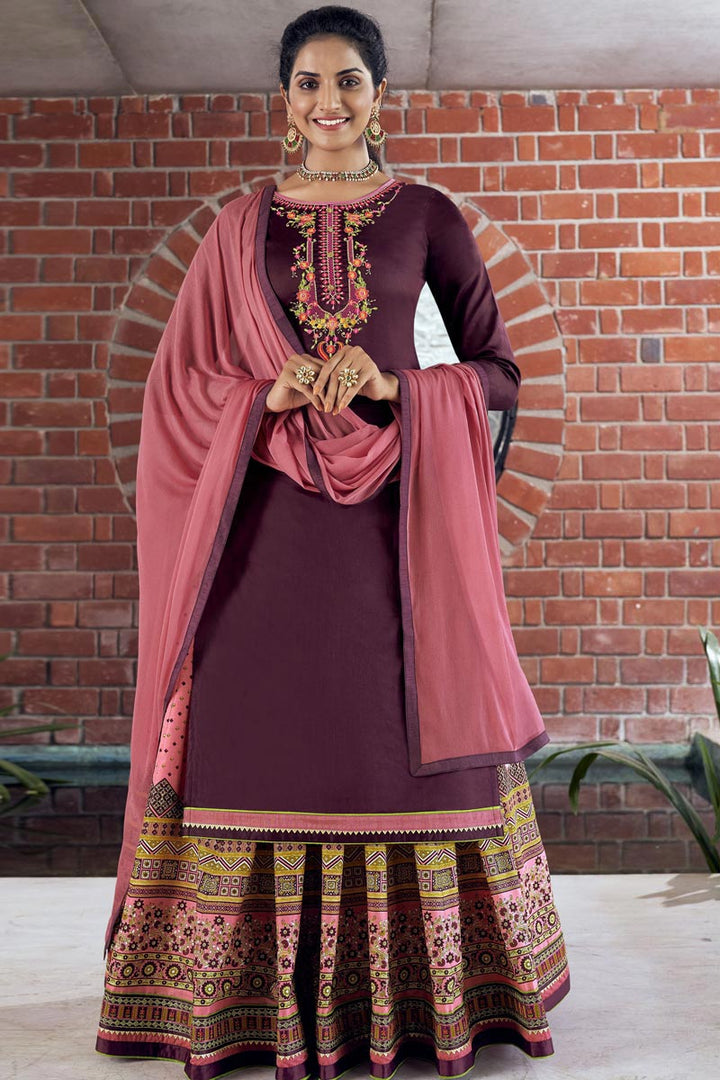 Sangeet Wear Cotton Silk Fabric Embroidered Sharara Top Lehenga In Wine Color
