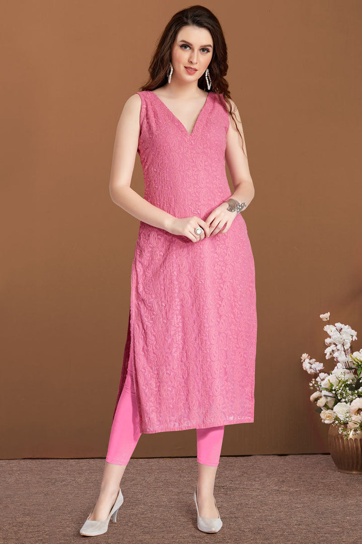 Pink Color Georgette Fabric Riveting Chikankari Work Kurti