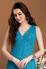 Load image into Gallery viewer, Cyan Color Enthralling Chikankari Work Kurti In Georgette Fabric
