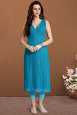 Load image into Gallery viewer, Cyan Color Enthralling Chikankari Work Kurti In Georgette Fabric
