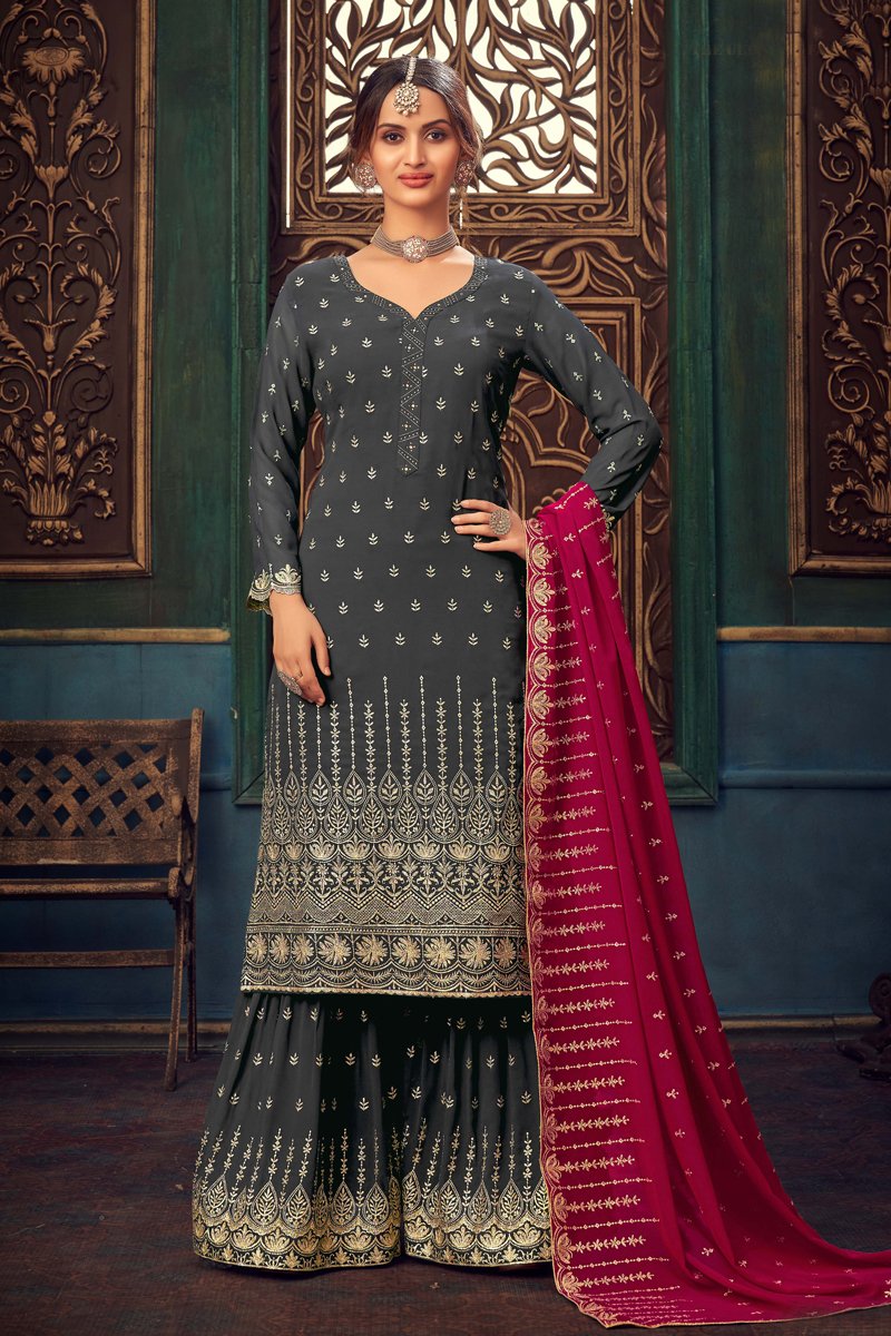 Georgette Fabric Party Style Grey Color Embroidered Sharara Suit