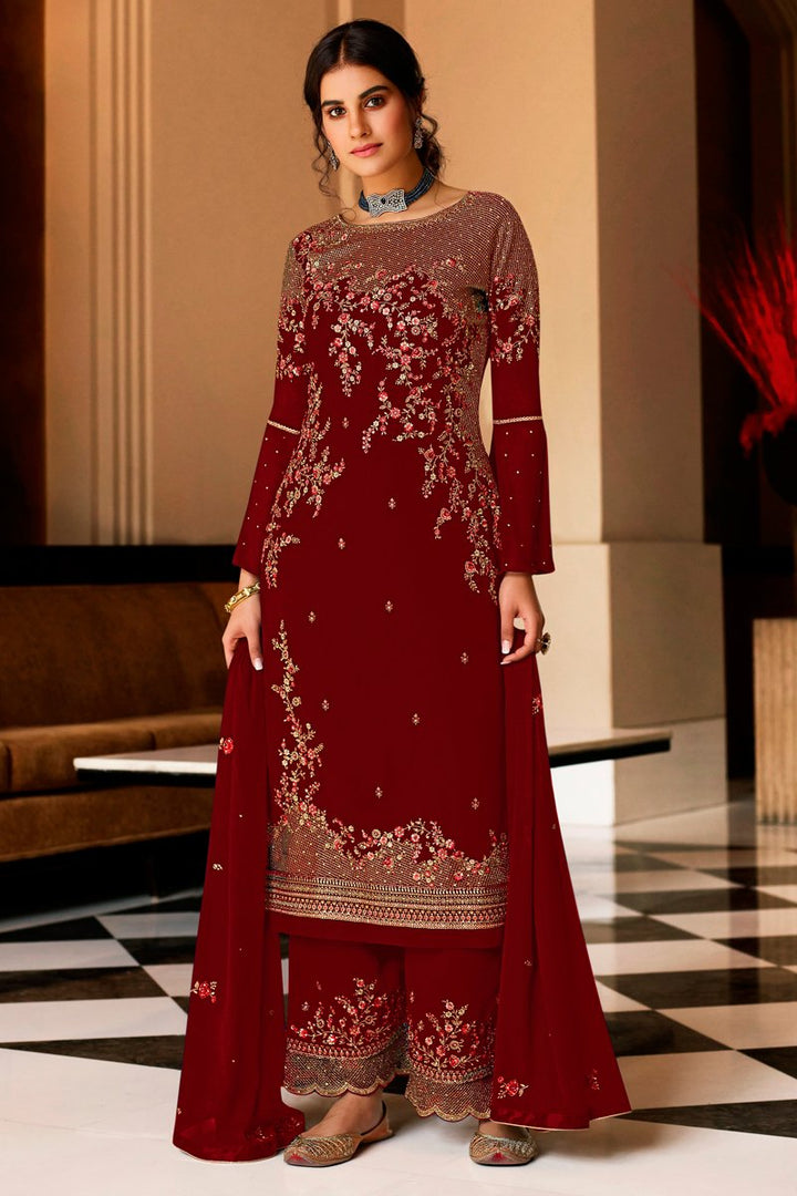 Georgette Fabric Party Style Embroidered Palazzo Salwar Kameez In Red Color