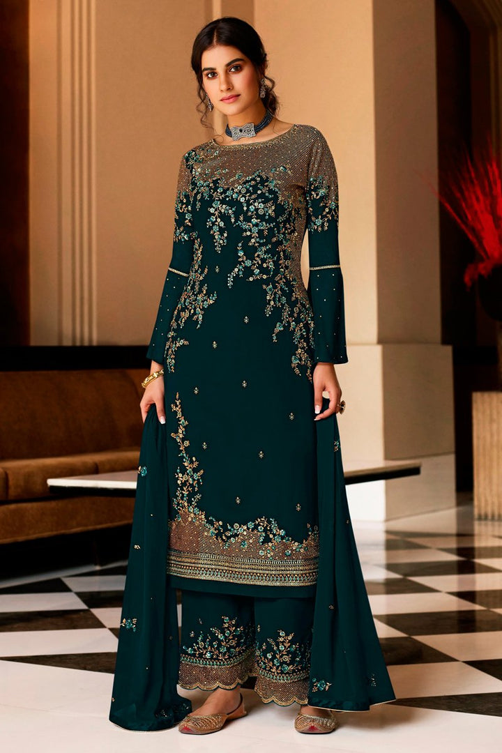 Teal Color Georgette Fabric Fancy Embroidered Function Wear Palazzo Salwar Kameez
