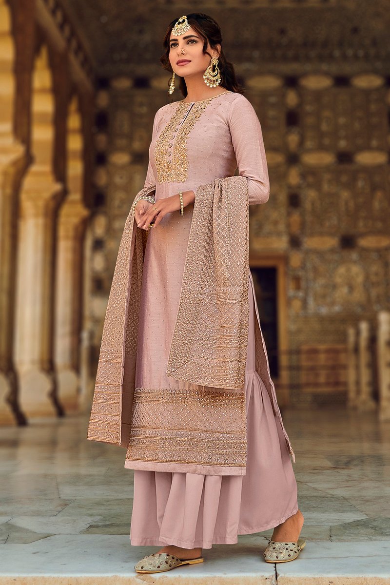 Georgette Fabric Party Wear Peach Color Embroidered Palazzo Salwar Suit