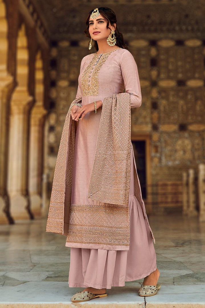 Georgette Fabric Party Wear Peach Color Embroidered Palazzo Salwar Suit