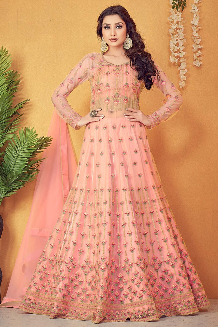 Peach Color Embroidered Function Wear Net Fabric Anarkali Suit