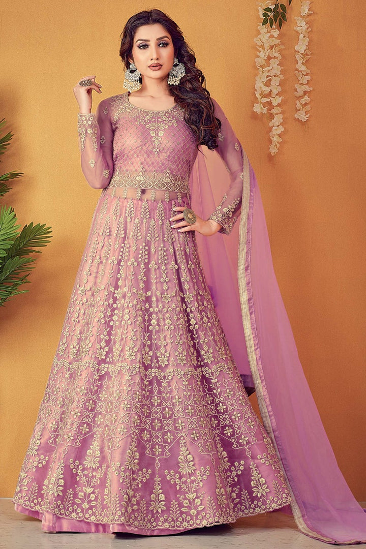 Net Fabric Festive Wear Pink Color Embroidered Anarkali Suit
