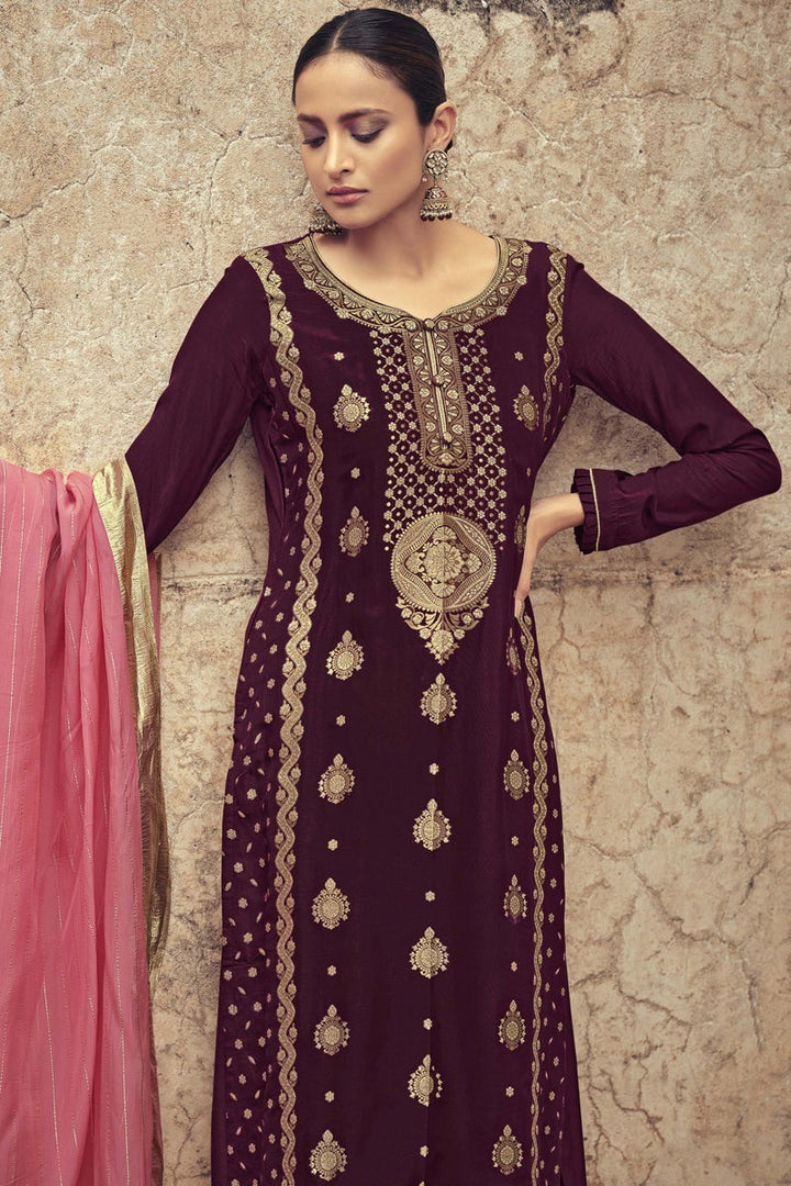 Jacquard Silk Weaving Work Festive Wear Suit In Wine Color