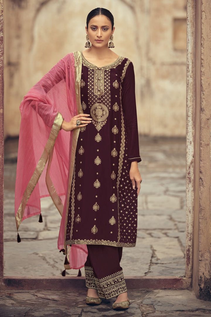 Jacquard Silk Weaving Work Festive Wear Suit In Wine Color
