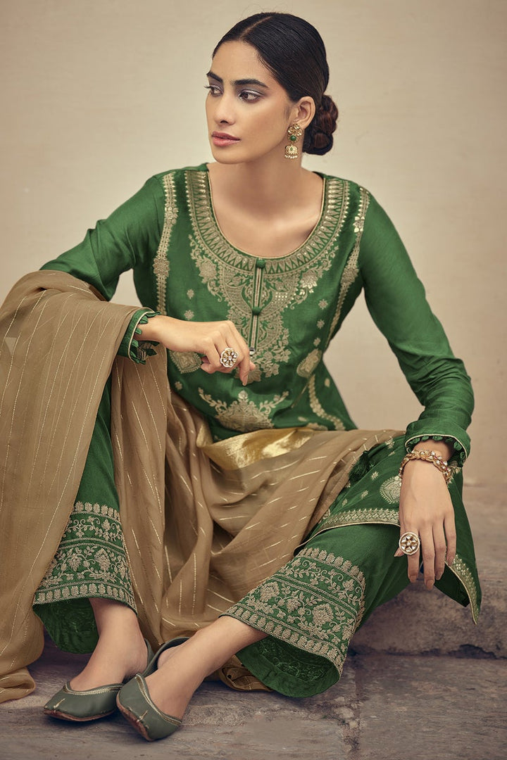 Jacquard Silk Weaving Work Green Festive Wear Designer Palazzo Suit