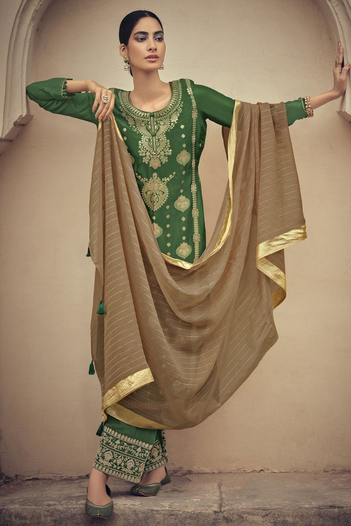 Jacquard Silk Weaving Work Green Festive Wear Designer Palazzo Suit