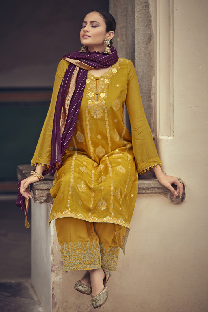 Mustard Color Festive Wear Weaving Work Jacquard Silk Fabric Palazzo Suit
