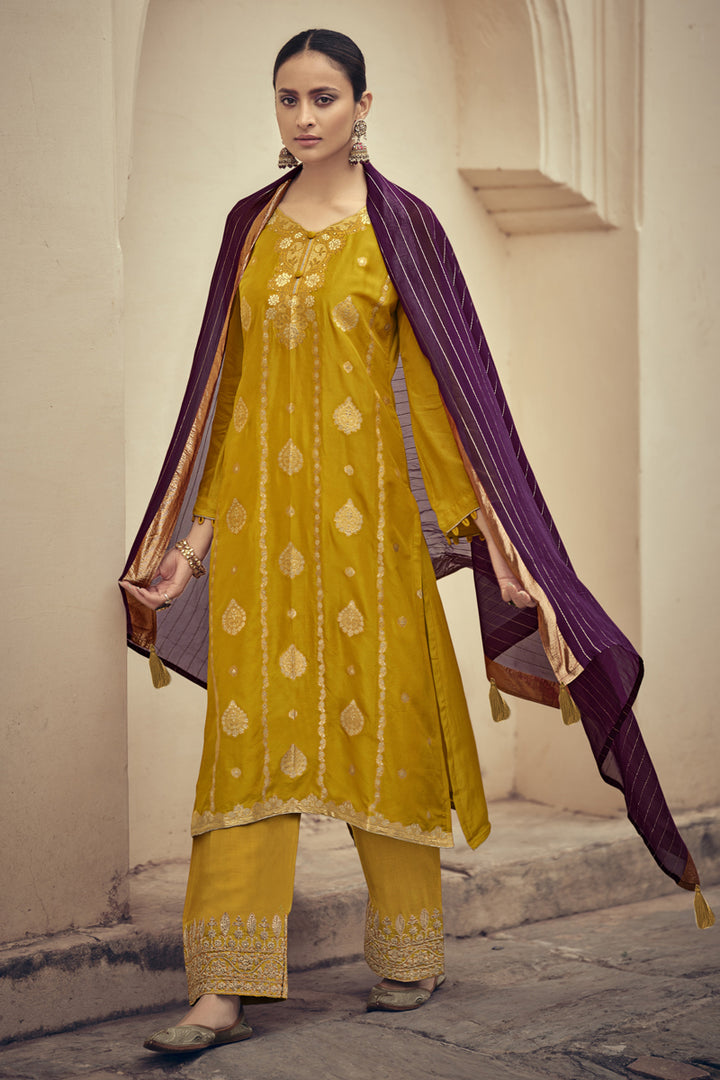 Mustard Color Festive Wear Weaving Work Jacquard Silk Fabric Palazzo Suit