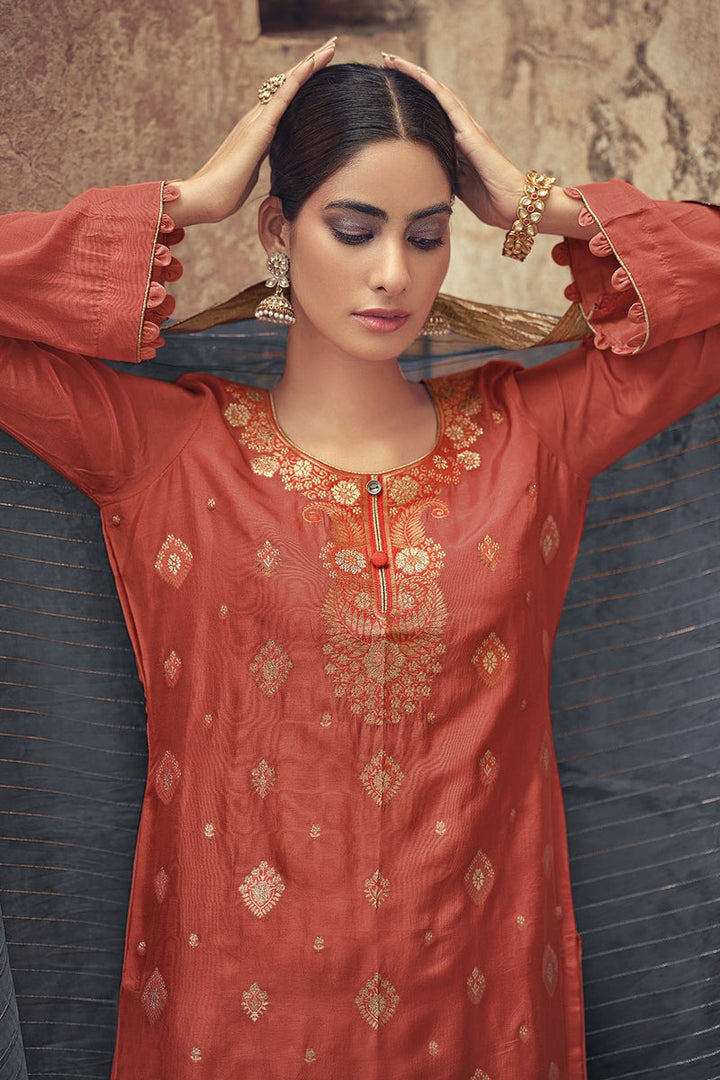 Peach Color Festive Wear Fancy Weaving Work Jacquard Silk Fabric Palazzo Suit