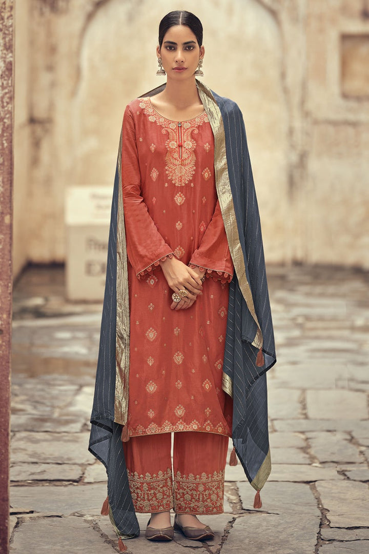 Peach Color Festive Wear Fancy Weaving Work Jacquard Silk Fabric Palazzo Suit