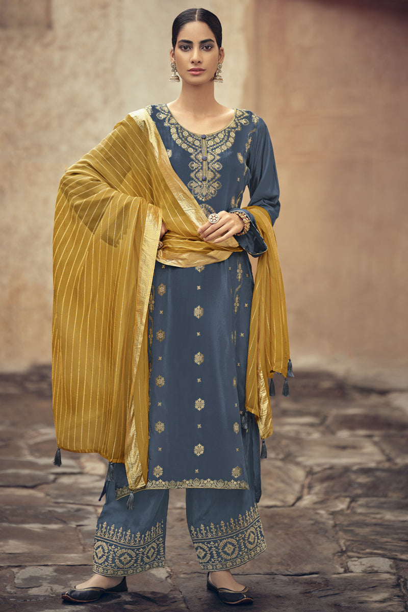 Jacquard Silk Fabric Party Wear Grey Color Weaving Work Palazzo Salwar Suit