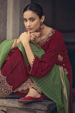 Load image into Gallery viewer, Maroon Jacquard Silk Fabric Sangeet Wear Weaving Work Palazzo Suit
