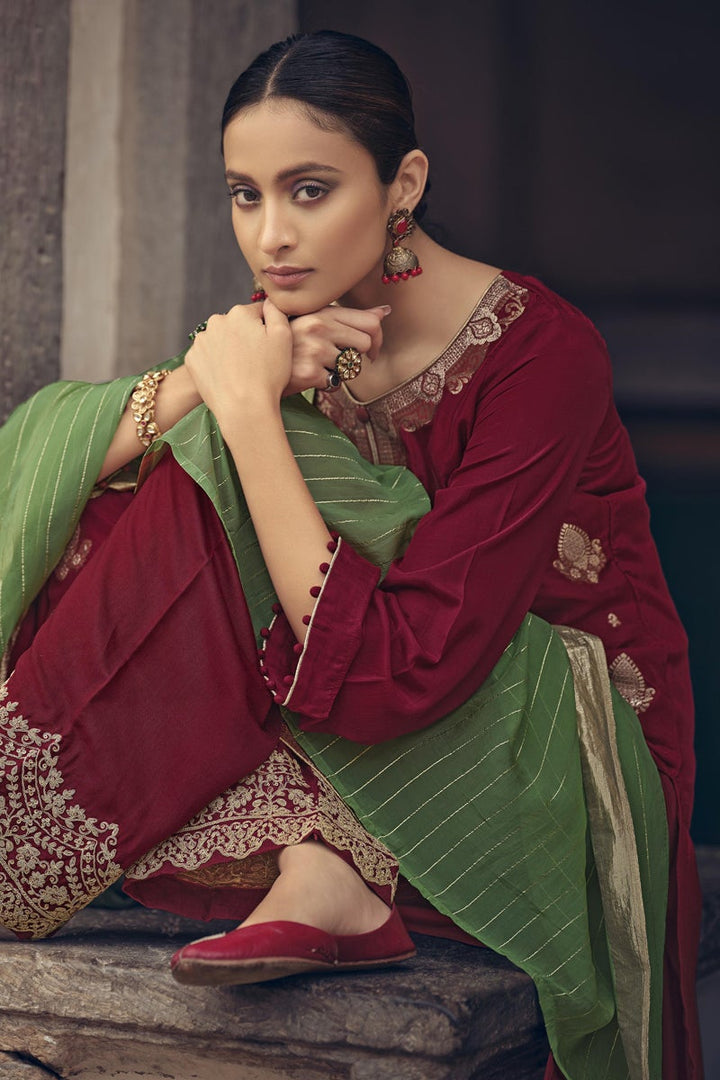 Maroon Jacquard Silk Fabric Sangeet Wear Weaving Work Palazzo Suit