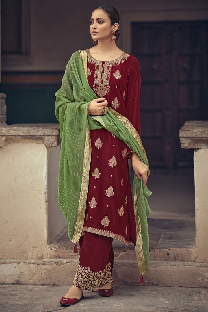 Maroon Jacquard Silk Fabric Sangeet Wear Weaving Work Palazzo Suit