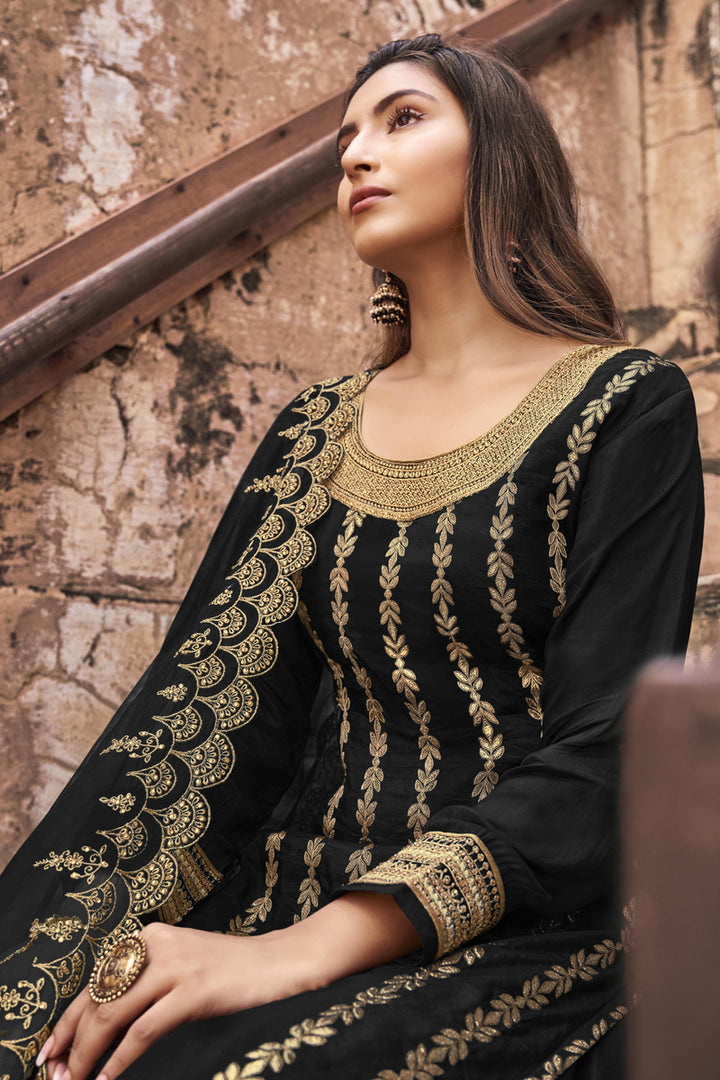 Black Color Function Wear Embroidered Jacquard Fabric Palazzo Suit