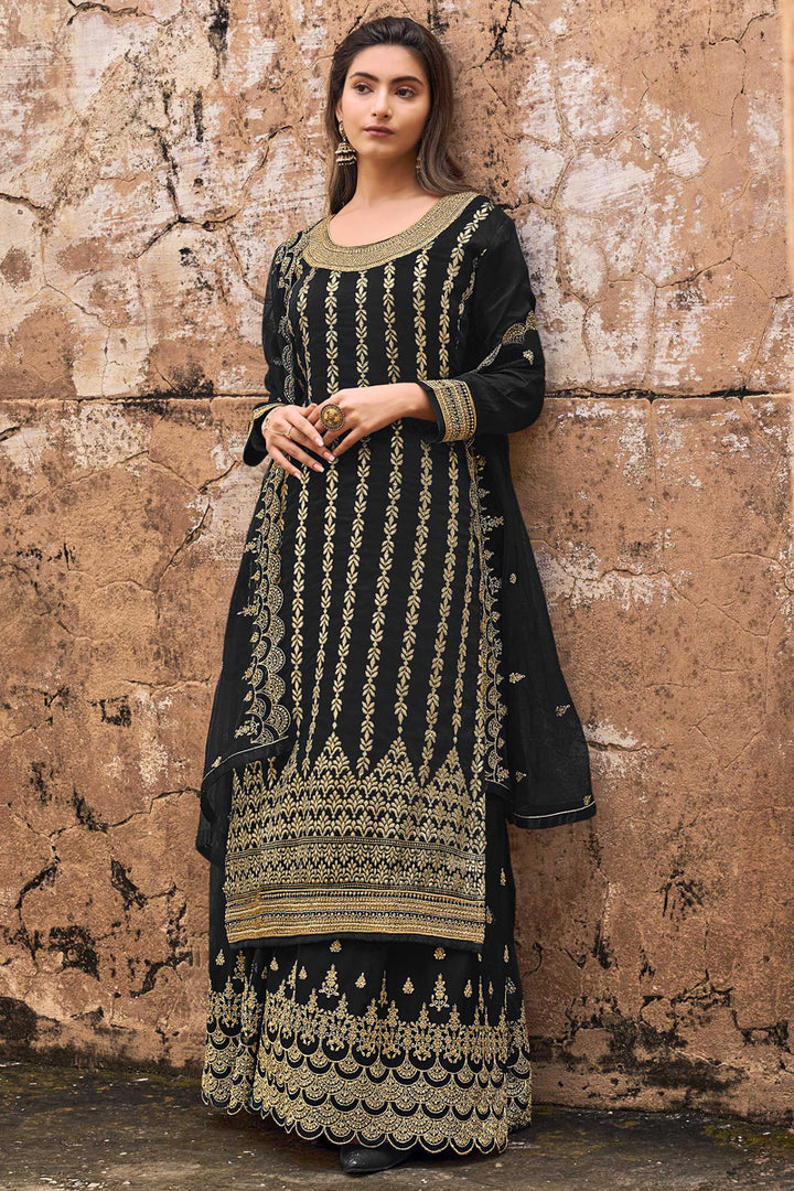 Black Color Function Wear Embroidered Jacquard Fabric Palazzo Suit