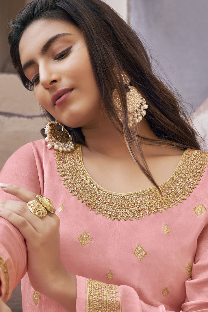 Jacquard Fabric Party Wear Pink Color Embroidered Palazzo Suit