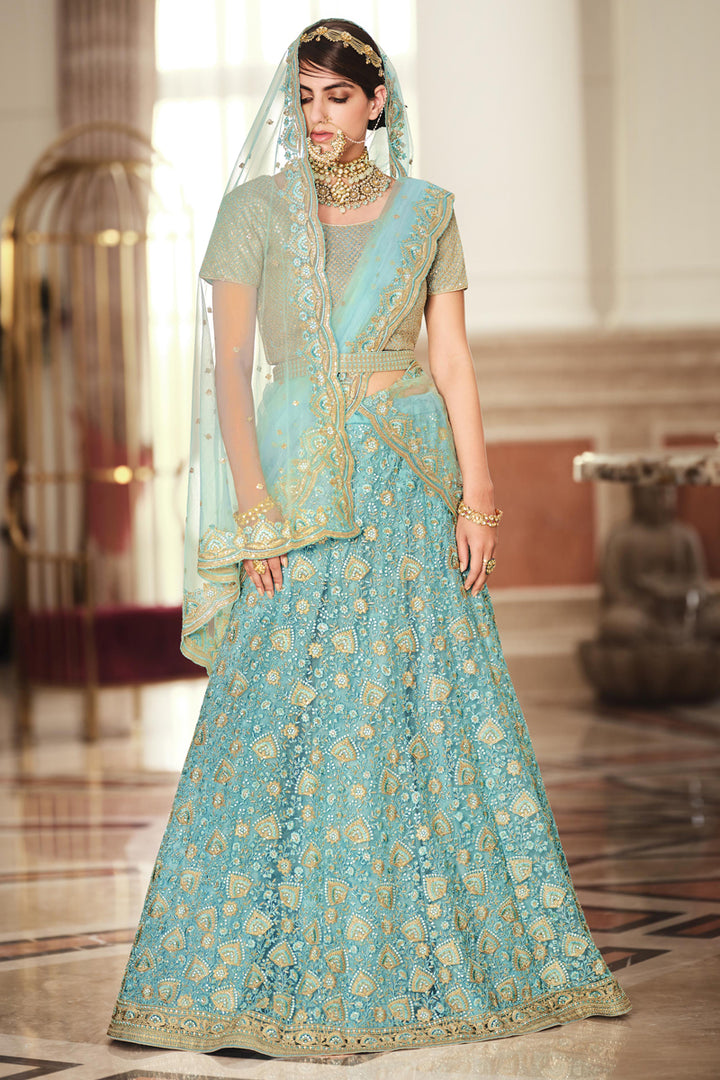 Cyan Color Net Fabric Designer Embroidered Wedding Wear Lehenga Choli