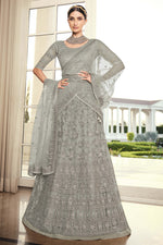 Load image into Gallery viewer, Net Fabric Designer Embroidered Wedding Wear Lehenga Choli In Grey Color
