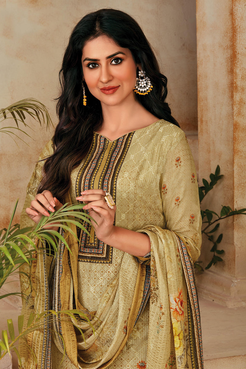 Muslin Fabric Function Wear Beige Color Printed Salwar Suit