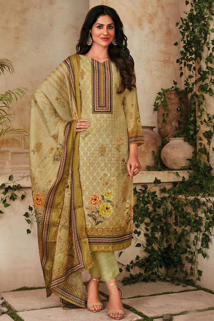 Muslin Fabric Function Wear Beige Color Printed Salwar Suit