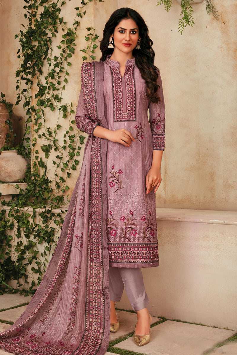 Muslin Fabric Casual Printed Salwar Suit In Pink Color