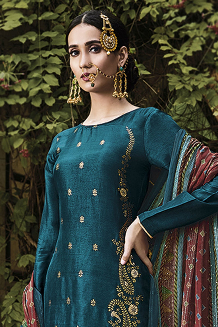 Teal Color Viscose Fabric Festive Wear Embroidered Designer Salwar Suit
