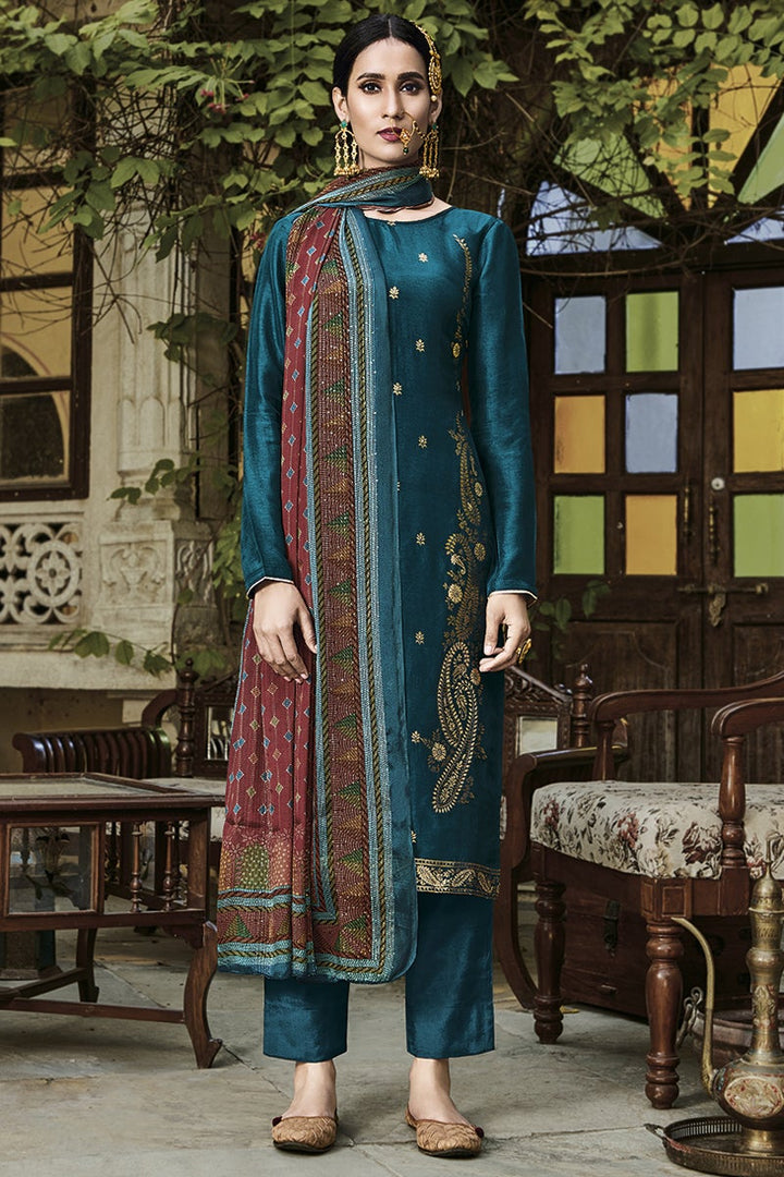 Teal Color Viscose Fabric Festive Wear Embroidered Designer Salwar Suit