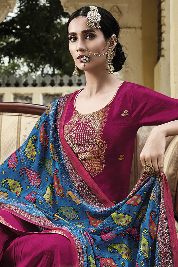 Viscose Fabric Festive Wear Embroidered Rani Color Palazzo Suit