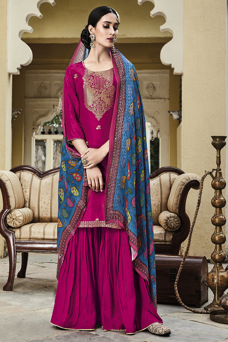 Viscose Fabric Festive Wear Embroidered Rani Color Palazzo Suit
