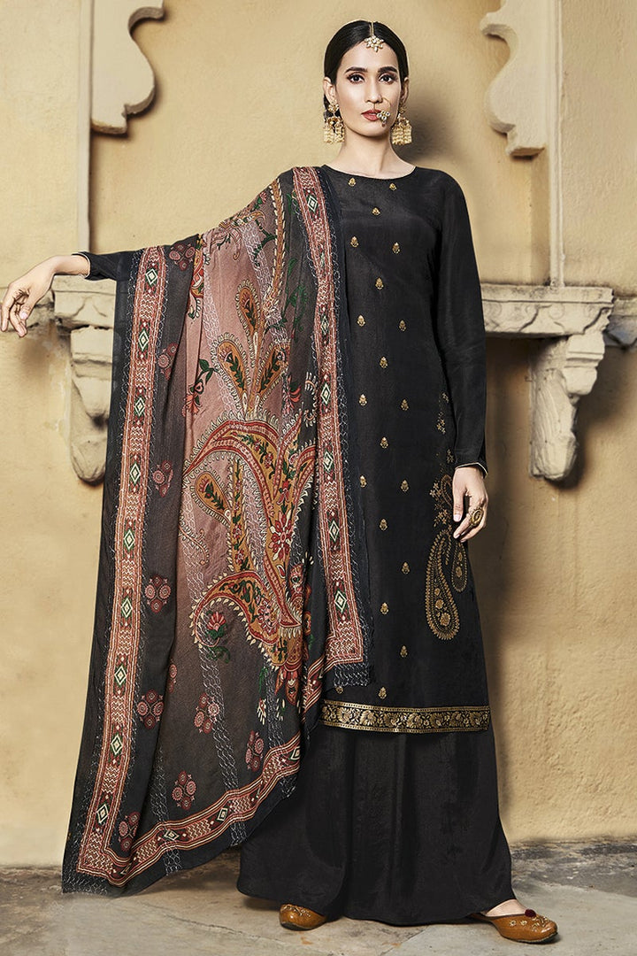 Viscose Fabric Function Wear Embroidered Black Color Palazzo Suit