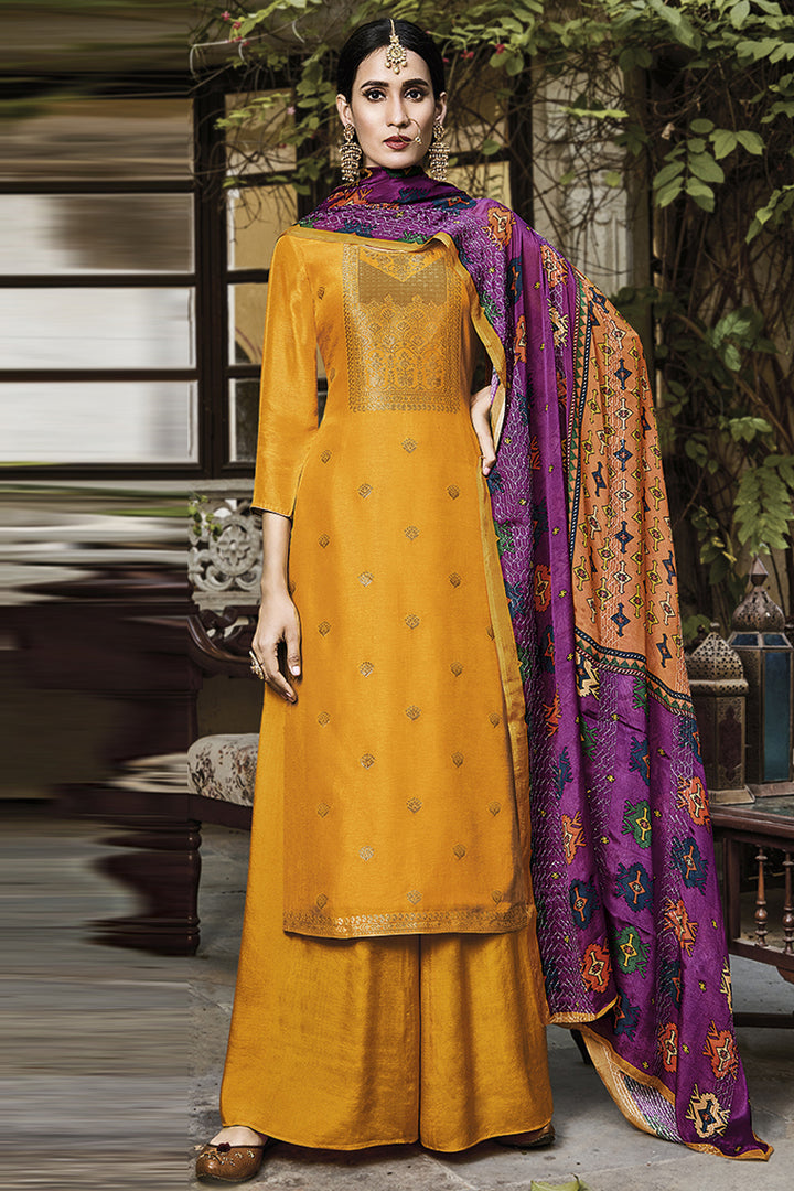 Embroidered Mustard Color Function Wear Viscose Fabric Palazzo Suit