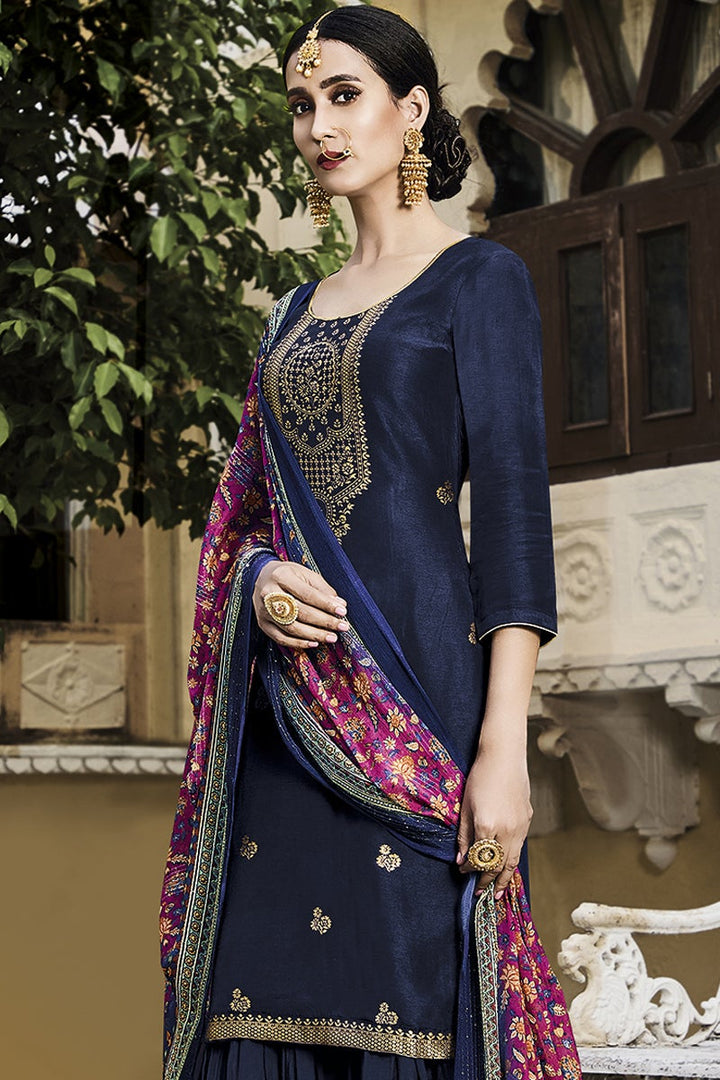 Festive Wear Navy Blue Color Embroidered Viscose Fabric Palazzo Suit