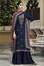 Load image into Gallery viewer, Festive Wear Navy Blue Color Embroidered Viscose Fabric Palazzo Suit
