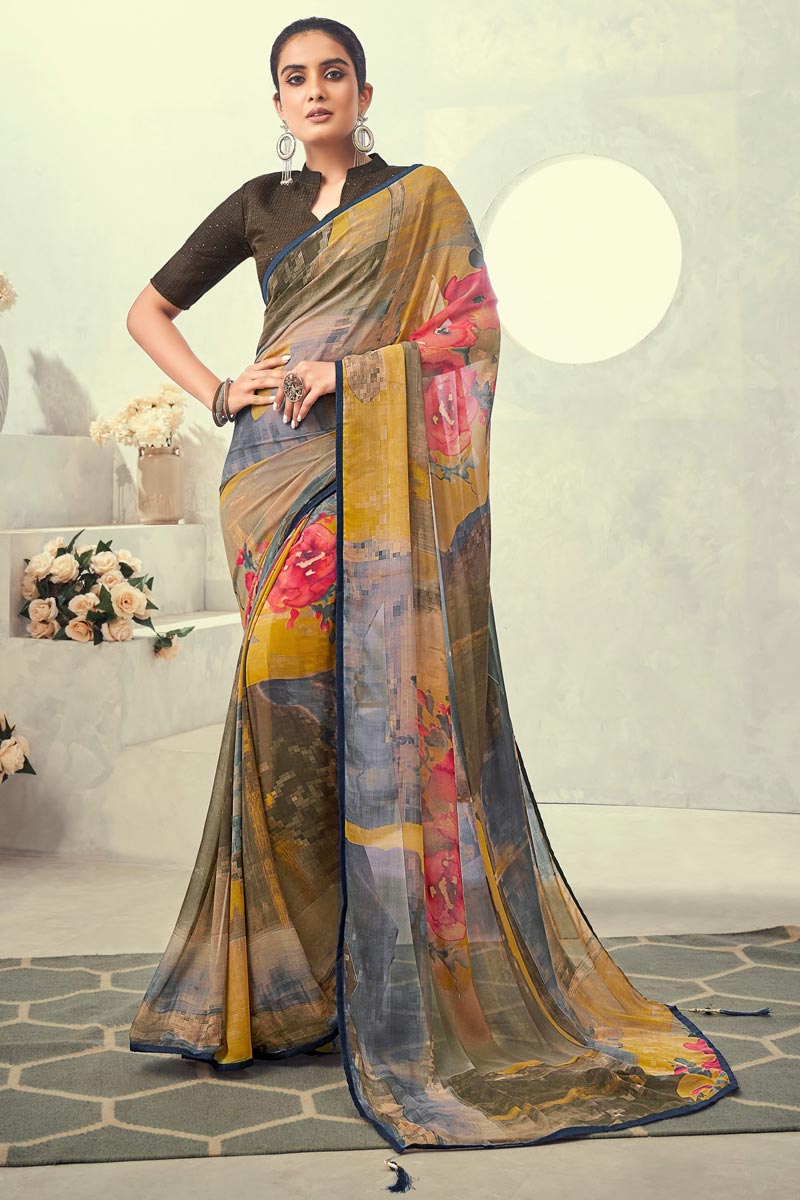 Multi Color Georgette Fabric Casual Wear Blissful Saree With Printed Work